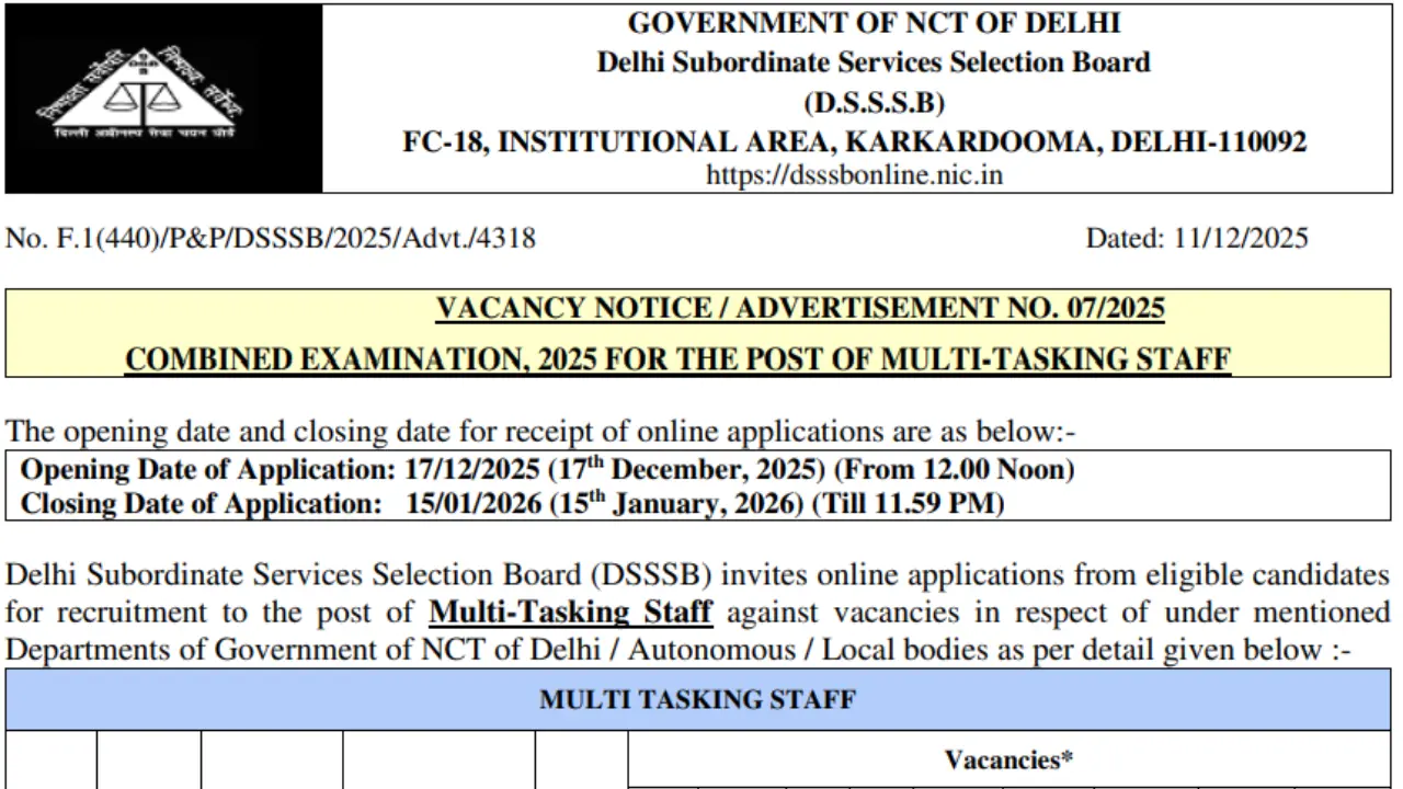 DSSSB MTS Recruitment 2025 26