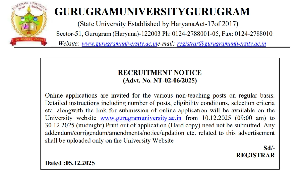 Gurugram University Non Teaching Recruitment 2025 26